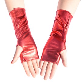 Lopsity Goth Fingerless Gloves Gothic Punk Rock Stage Gloves Short Shiny Opera Party Gloves for Women Arm Sleeves Arm Warmers (red)