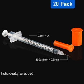0.5ml 30Ga 5/16-Inch (8mm) Disposable Syringe for Scientific Lab, Individually Wrapped, Pack of 20