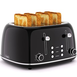 Toaster 4 Slice, Retro Stainless Toaster with 6 Bread Shade Settings,1.5''Wide Slots with Cancel/Defrost/Reheat Functions,Dual Independent Control Panel, Removal Crumb Tray (Black)