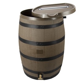 RTS Home Accents Polyethylene Premium Flat Back Rain Barrel with Removable Lid, 55 Gallon, Woodgrain with Black Stripes