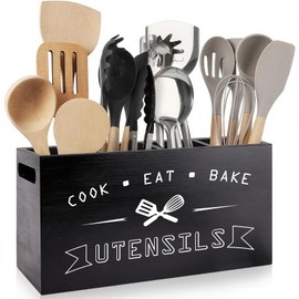 Groqrsn Large Black Utensil Organizer with Removable Dividers - Ideal Wooden Kitchen Countertop Organizer