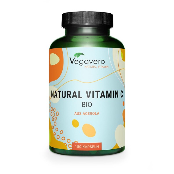 Vegavero Natural Vitamin C Supplement | Organic Vitamin C from Acerola Cherry Extract | 225% NRV | NO Additives| 180 Capsules | Vegan