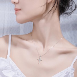 ELFRONT 0.3 CT Moissanite Rose Flower Cross Necklace Sterling Silver Christian Religious Cross Jewelry Gift for Women