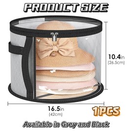 Liahelianx Oversized Clear Hat Storage Organizer for Women&Men-Holds 7 Hats,Foldable Dustproof Round Travel Hat Box with Carrying Handles,Portable Closet Storage for Caps,Cowboy&Wide Brim Hats (grey)