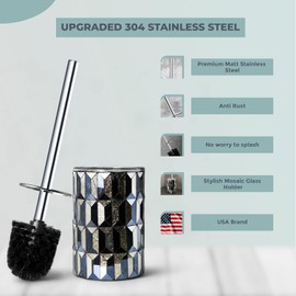 Escenzy Cute Toilet Brush and Holder Set Mosaic Glass | Non-Rustic Stainless Steel | Practical & Decorative Toilet Bowl Brush and Holder | Luxury Black and Gold Bathroom Accessories (Latest)