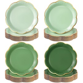 9 Inch Green Gradient Paper Plates, Gold Rim Party Plates