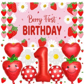 Rotumaty 134Pcs Berry First Birthday Decor Strawberry Baby Shower Decorations Berry 1st Birthday Decorations for Girl Sweet One Party Decor Strawberry Backdrop Ballons Banners Stickers Party Supplies