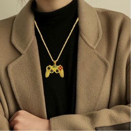 Just Follow Colorful Crystal Game Controller Necklaces Punk Hip Hop Friendship Necklace Game Console Necklace for Son/Grandson Best Friends (Gold)