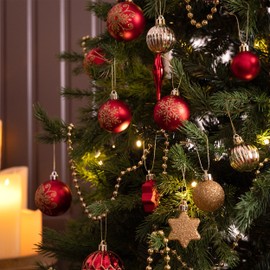 Valery Madelyn Set of 52 Christmas Baubles Plastic Christmas Baubles with Christmas Tree Topper Luxurious Christmas Baubles Red Gold for Christmas Decoration Theme Red Gold