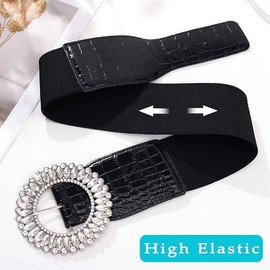 Obmyec Rhinestone Belts for Women Wide Elastic Belt for Dresses Black Stretchy Waist Belt with Sparkle Crystal Buckle(Fit Waist Size: 26''-33'')
