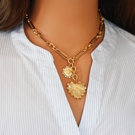 ORIGENCE Chunky Gold Heart Necklace for Women Chunky Charm Sun Heart Pendent Necklaces for Women 18K Gold Plated Hip Hop Charm Necklaces Unisex Jewelry, Brass, Cubic Zirconia