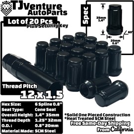 TJ 20Pc Black 1.4" Tall M12x1.5 Tuner Spline Lug Nut+Key Fit Dodge Chrysler Models
