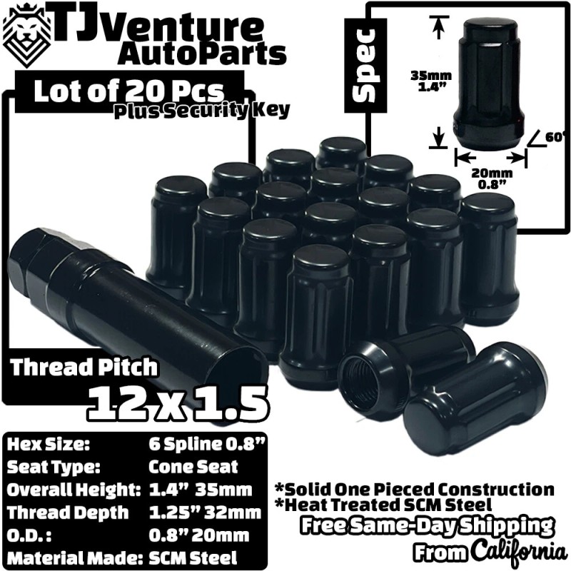 TJ 20Pc Black 1.4" Tall M12x1.5 Tuner Spline Lug Nut+Key