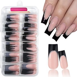 120 Pcs French Tip Press on Nails Long Square Fake Nails Black Tip False Nails with Designs Silver Glitter Line Glossy Glue on Nails Reusable Full Cover Acrylic Nails Stick on Nails for Women Manicure