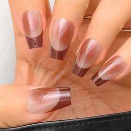 Sethexy French Dark Red Press On Nails Medium Coffin Fake Nails with Design 24PCS Glossy Full Cover Art Fake Nail for Women and Girls (3)