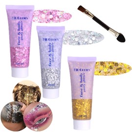 Body Glitter Face Glitter Gel: Singer Concerts Disco Festival Rave Accessories Face Glitter Makeup 150ml Chunky Sequins Mermaid Face Body Hair Glitter Gel (Silver&Pink&Gold)