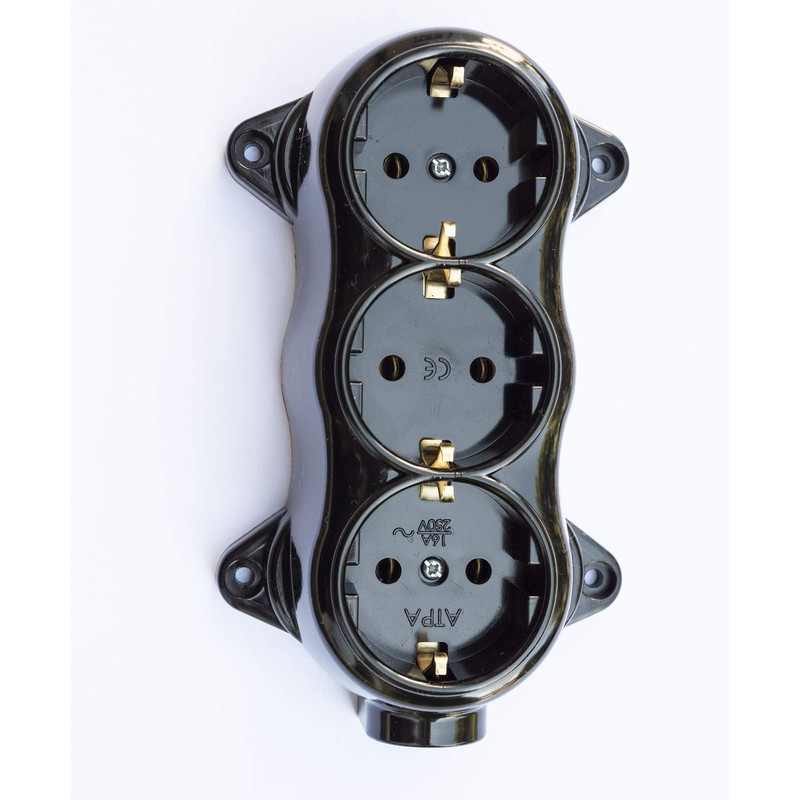 Socket fix, retro, 3-way, 16A-250V, surface-mounted, brass, thick, black, retro