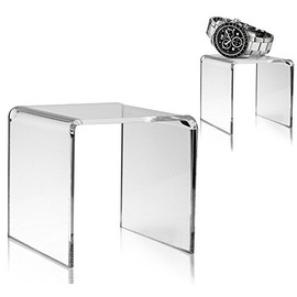 BANBERRY DESIGNS Clear Acrylic Display Risers - Set of 2 Small Tabletop Stands - Transparent Retail Shelf Fixtures - Jewelry Food Candy Makeup Perfume Pedestals - 3 Inch Tall
