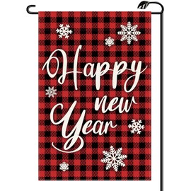 Happy New Year Garden Flag 12x18 Inch Vertical Double Sided Christmas Winter Red Plaid Small Flags Celebration Party Farmhouse Outside Decoration For Yard (ONLY FLAG) XN22