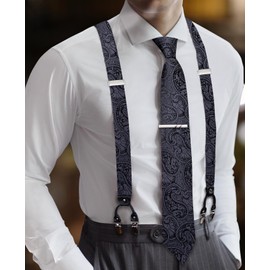 Barry.Wang Men Black Suspender with Tie Set Elastic Y Type Heavy Duty 6 Clips Designer Formal Braces