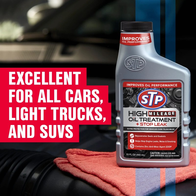 STP HIGH MILEAGE OIL TREATMENT + STOP LEAK Rejuvenates Seals