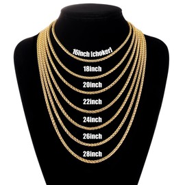 Fiusem Gold Plated Wheat Chain Necklace for Men, 4mm Gold Stainless Steel Necklace Chains for Men and Women 22 Inch