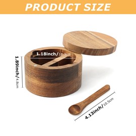 Restynic Wood Salt & Pepper Bowl with Magnetic Swivel Lid - Built-in Spoon, Natural Wood Grain, for Kitchen Spice Storage or Gifting(COLOR:Two Compartment)