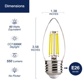 FLSNT 5000K Daylight Dimmable LED Candelabra Bulbs, 60W Equivalent, B11 E26 Base LED Chandelier Light Bulbs, 550LM, 12 Pack