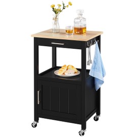 Topeakmart Kitchen Island Trolley Cart with Drawer and Storage Cabinet, Wood Top Kitchen Cart Microwave Stand for Dining Room, Black