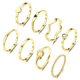 KALVICA 8-Piece 2 mm Ring Set Silver/Gold for Women Stainless Steel Plain Thin Heart Knot Twist Rings Set Minimalist Stackable Thumb Ankle Finger Ring, Stainless Steel