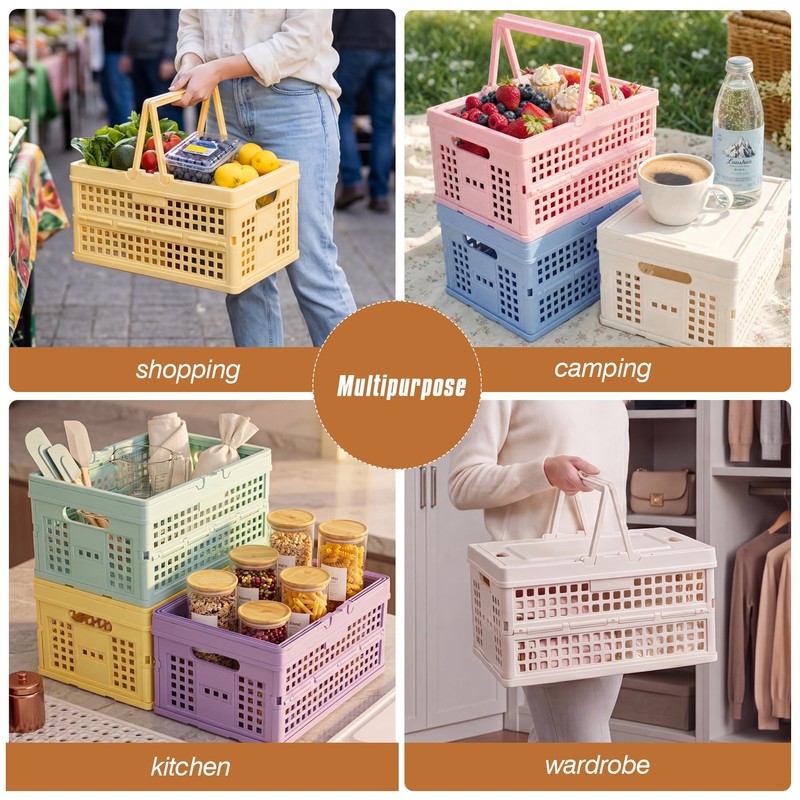 Collapsible Storage Crate, Foldable Plastic Basket with Lid and Handle,
