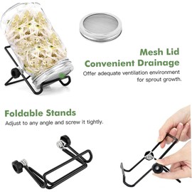 Semillas de germinación, Tarro de germinación, 2 Juegos germinador Semillas Boca Ancha con Tapa Malla, Kit 16 oz con Soporte Ajustable, Kit Cultivo brotes Transparentes 4, 92 p