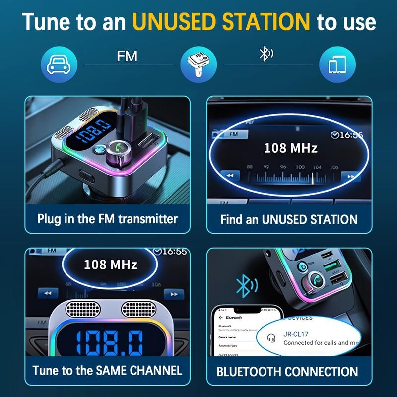 Multifunctional car FM transmitter with ambient light, BASS hands-free car