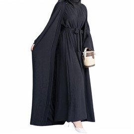 2PCS Women's Muslim Dresses Abaya Islamic Dubai Prayer Dress Robe Long Cardigan Maxi Dress Black