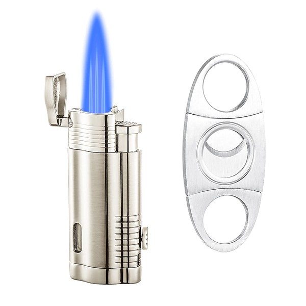 Cigar Torch Lighter, Triple Jet Flame Adjustable Windproof Butane Refillable Lighter with Fuel Visible Window Cigar Cutter Hole Punch, Pocket Lighters Gift Accessory- Butane Not Included(BFC061)