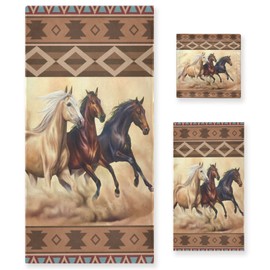 PATINISA Boho Bath Towels Set of 3,Azetc Ethnic Style Western Horse,Decoractive Bathroom Towels Set 1 Bath Towel,1 Hand Towel,1 Washcloth,Soft Shower Towels for Bathroom Beach Gym Spa