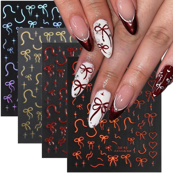 Fcozpjk Bow Nail Stickers, 4PCS Bow Stickers for Nails Laser