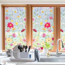 Colorful Window Film, Privacy Window Film, Rainbow Floral Glass Stickers, Provides UV Protection for Home, (16.93x 39.37 Inch)