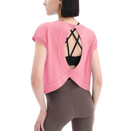 Loovoo Pilates Shirts for Women Boxy Tshirt Open Back Workout Clothes Womens Workout Tops Yoga Top Short Sleeve Cute Top Coral Pink M