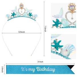 ANBALA Mermaid Birthday Decorations Birthday Crown and Sash Blue Birthday Headbands Mermaid Crown for Girls, Party Outfit, Ocean Mermaid Theme Birthday Party Gifts