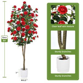 Artificial Camellia Tree 6FT – Nearly Natural Faux Plants Indoor, with Easy Assembly, Low Maintenance, Ideal for Both Indoor Decoration and Other Purposes，Perfect Porch Christmas Trees (Red 6ft)