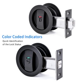 Dontay 2 Pack Pocket Door Lock, Color Coded Indicators, Privacy (Bed/Bath) Handles Latch, 2-3/8" Backset, Hardware for 1 3/8” to 2 3/16” Thickness Door (Including Edge Pull, Matte Black, Round)
