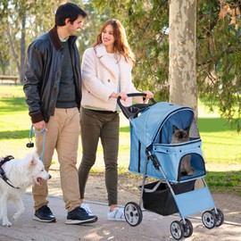 LEMY Folding Pet Stroller, 4 Wheels Dog Cat Stroller with Storage Basket&Cup Holder, Dog Cat Cage Jogger Stroller for Small Medium Dogs Cats Travel, Blue