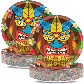 48Pcs Tiki Party Plates for Hawaiian Luau Party Decorations Tropical Aloha Paper Disposable Dessert Plates Tiki Themed Serving Tray 7 Inch Table Decors for Summer Beach Birthday Party Supplies