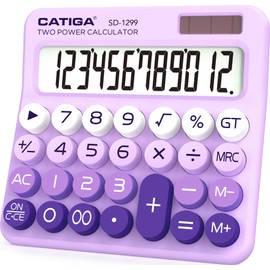 CATIGA Mechanical Switch Calculator with Solar and Battery Dual Power, 12-Digit Large LCD Display, Aesthetic and Cute Desktop Calculator with Big Button, for Home, School and Office Use, SD-1299