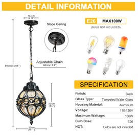 Zanritelit Spherical Outdoor Pendant Lights for Porch Hallway Garden Yard Farmhouse, 2 Pack Globe Black Outside Hanging Lanterns Fixture Exterior Dust Proof Chandelier Lamp with Adjustable Chain