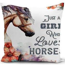 KUNQIAN Horse Cushion Cover Decorations Horse Gift for Girl Women Daughter Granddaughter Just a Girl Who Loves Throw Pillow Case Decor Home Livingroom Couch Sofa 18"x18"(45x45cm)