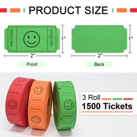 L LIKED 1500 Raffle Ticket Rolls, 3 Assorted Colors, 1x2 Inch Smile Ticket for Events, Entry, Class Reward, Parties, Giveaways&Prizes (Red, Orange, Green)