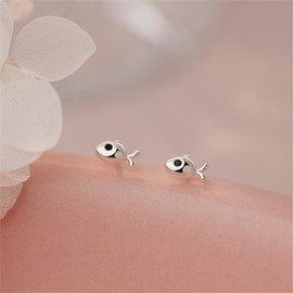 Cute Fish Tiny Stud Earrings for Women S925 Sterling Silver Gold/Silver Plated Minimalist Black CZ Fishes Animal Cartilage Piercing Post Studs Hypoallergenic Jewelry, 6.0 Millimeters X 3.4 Millimeters