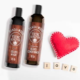 Viking Revolution Beard Wash & Beard Conditioner Set w/Argan & Jojoba Oils - Softens & Strengthens - Natural Sandalwood Scent - Beard Shampoo w/Beard Oil (10oz)